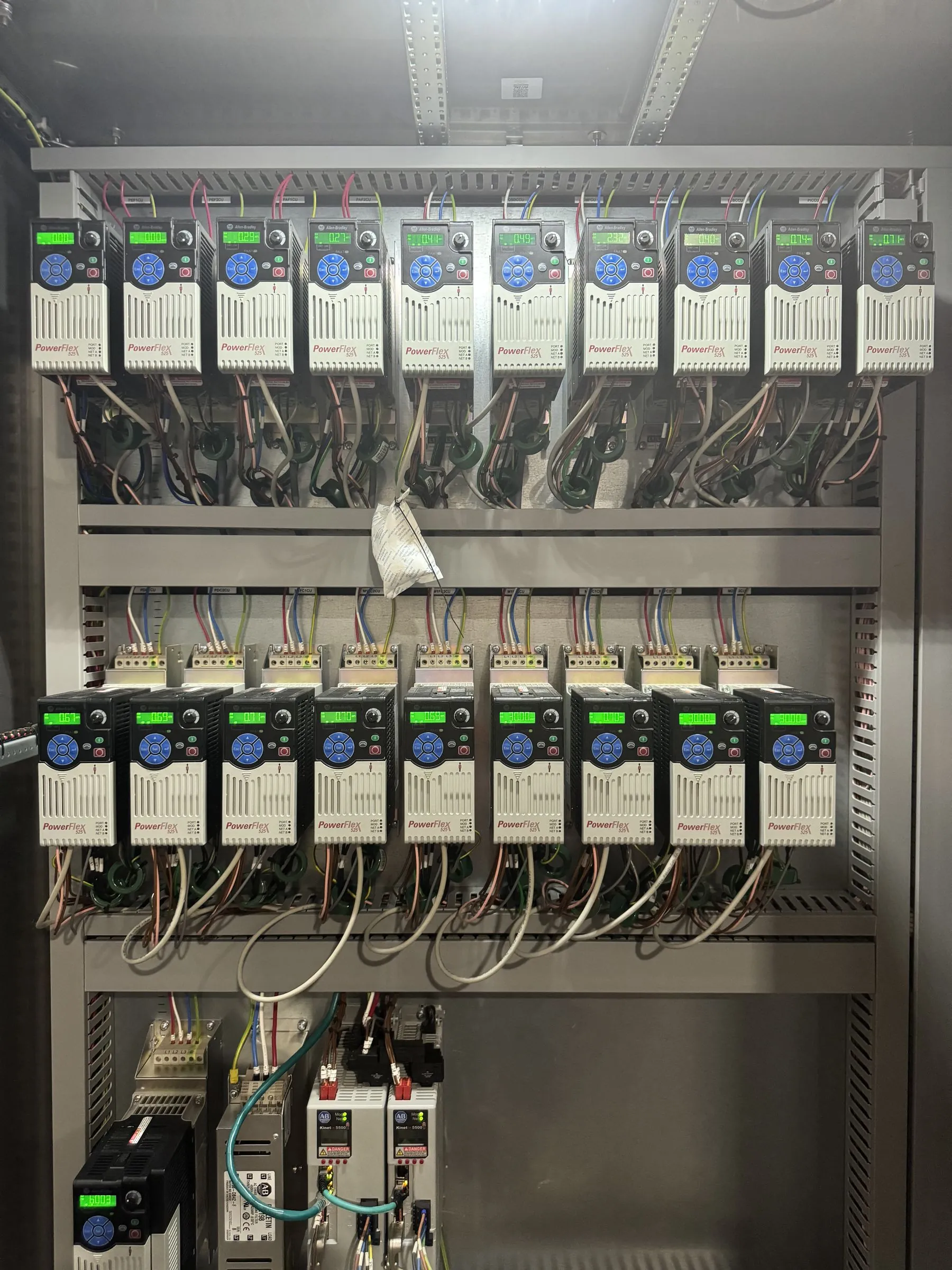 Bank of PowerFlex drives in a control panel
